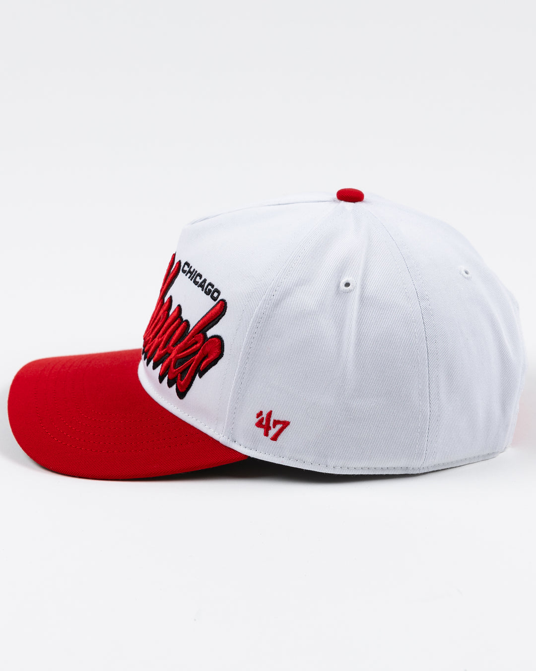 white and red adjustable '47 brand hat with Chicago Blackhawks wordmark embroidered on front and primary logo on right side - left side lay flat