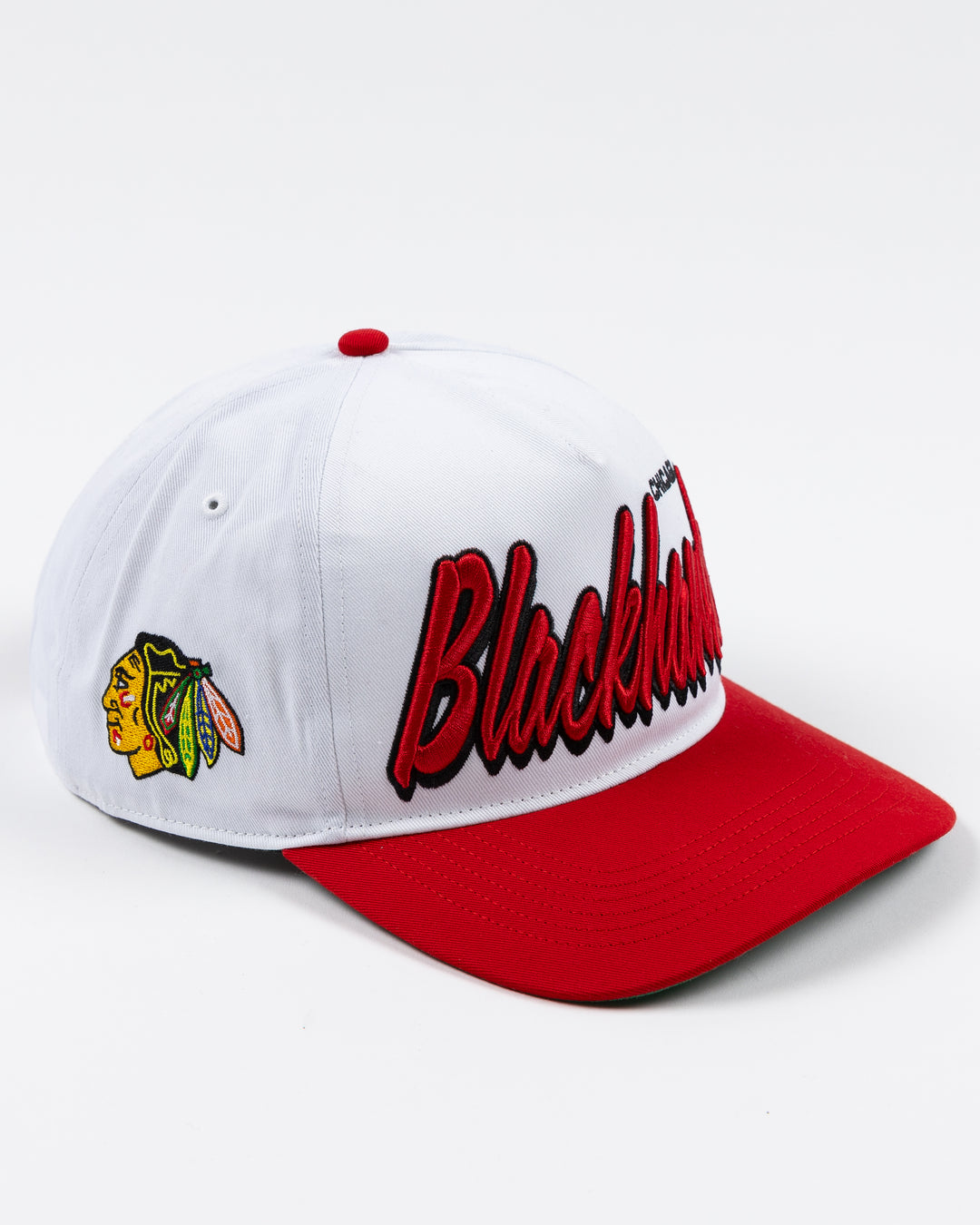 white and red adjustable '47 brand hat with Chicago Blackhawks wordmark embroidered on front and primary logo on right side - right angle lay flat