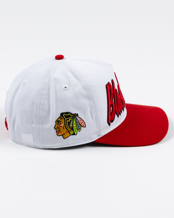 white and red adjustable '47 brand hat with Chicago Blackhawks wordmark embroidered on front and primary logo on right side - right side lay flat