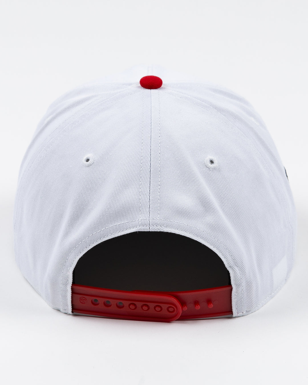 white and red adjustable '47 brand hat with Chicago Blackhawks wordmark embroidered on front and primary logo on right side - back  lay flat