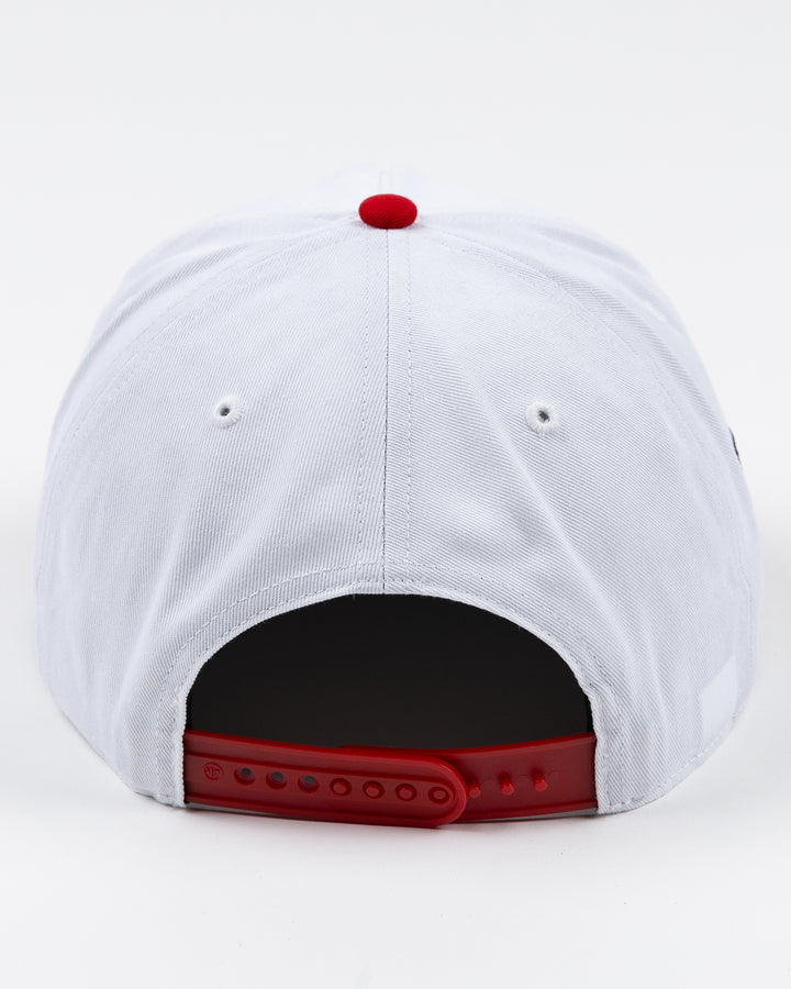 white and red adjustable '47 brand hat with Chicago Blackhawks wordmark embroidered on front and primary logo on right side - back  lay flat