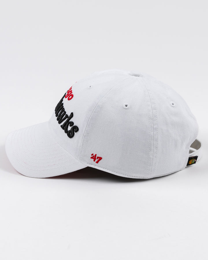 white adjustable '47 brand hat with Chicago Blackhawks wordmark embroidered on front - left side lay flat