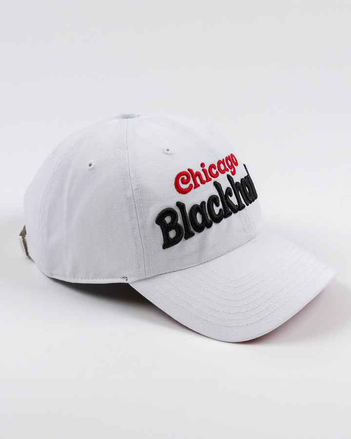 white adjustable '47 brand hat with Chicago Blackhawks wordmark embroidered on front - left side lay flat