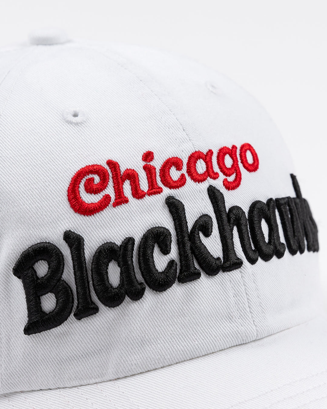 white adjustable '47 brand hat with Chicago Blackhawks wordmark embroidered on front - front detail lay flat