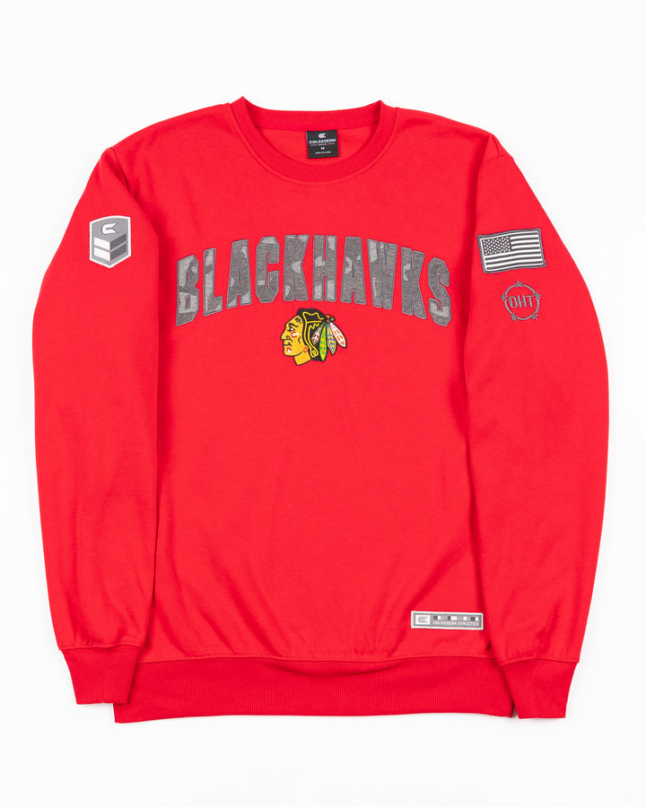 red Colosseum OHT crewneck sweater with Chicago Blackhawks wordmark in camo and primary logo on front and patches on sleeves - front lay flat