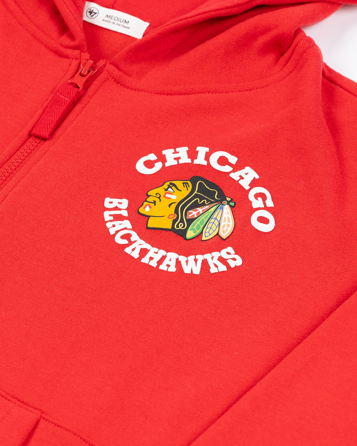 red ladies '47 brand hoodie with Chicago Blackhawks primary logo and wordmark on left chest and Blackhawks wordmark on back - front detail lay flat