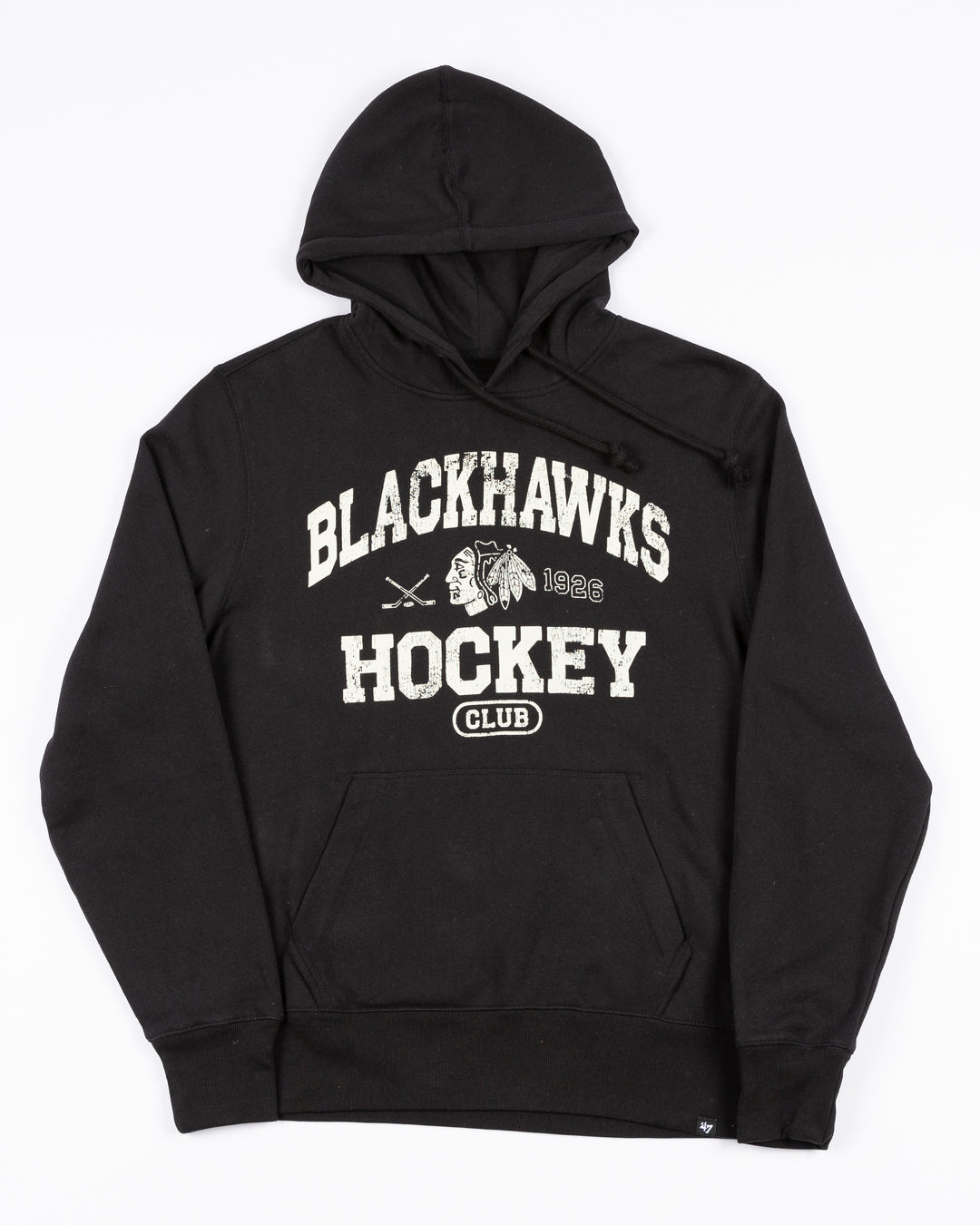 black '47 brand hoodie with Blackhawks Hockey club wordmark graphic and Chicago Blackhawks primary logo on front - front lay flat