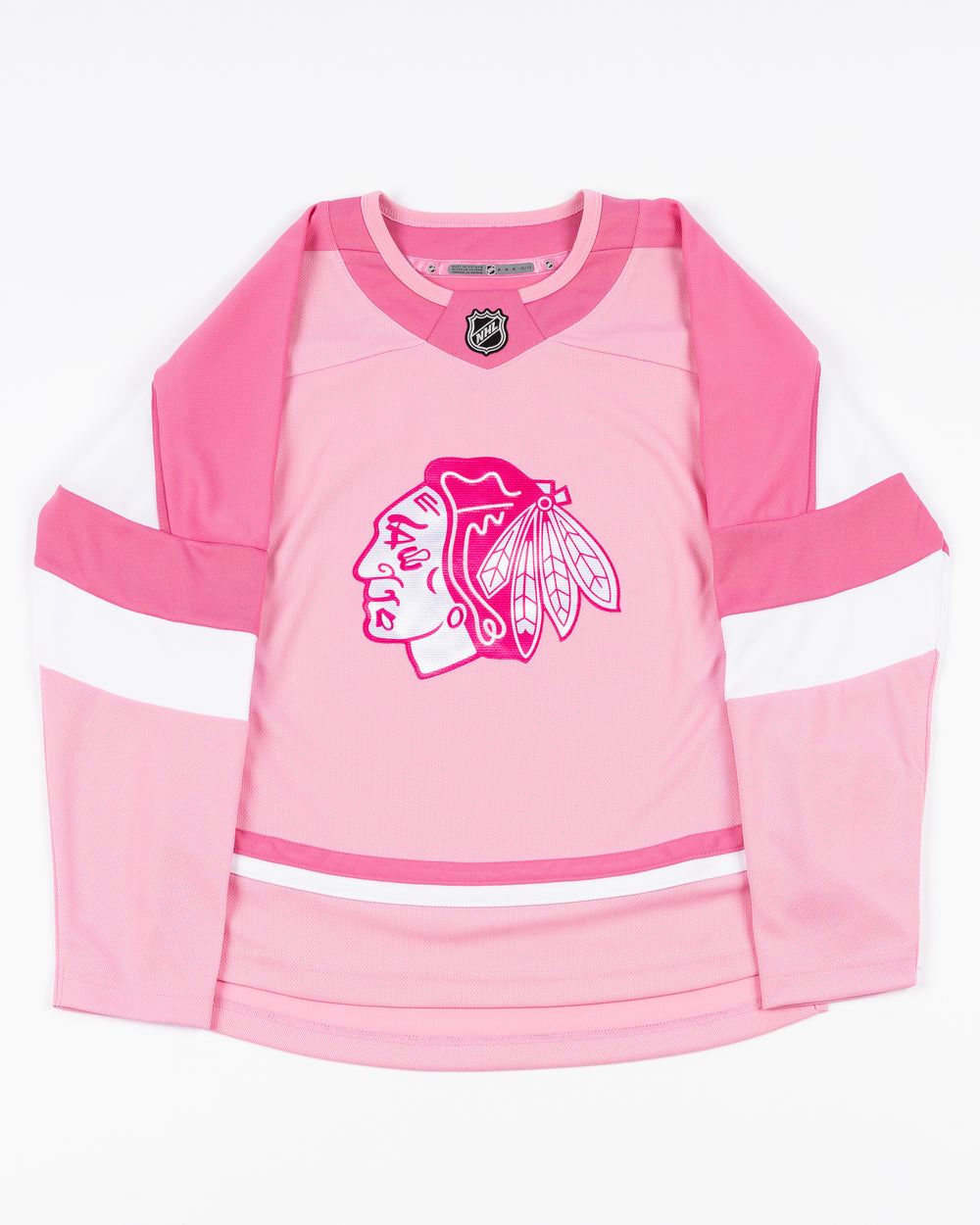 pink replica toddler Chicago Blackhawks hockey jersey with Bedard name and number - front lay flat