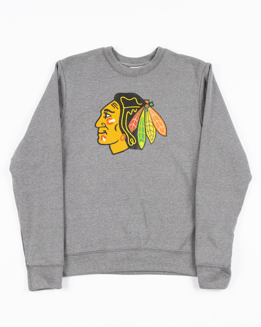 toddler grey crewneck pullover sweater with Chicago Blackhawks primary logo on front - front lay flat