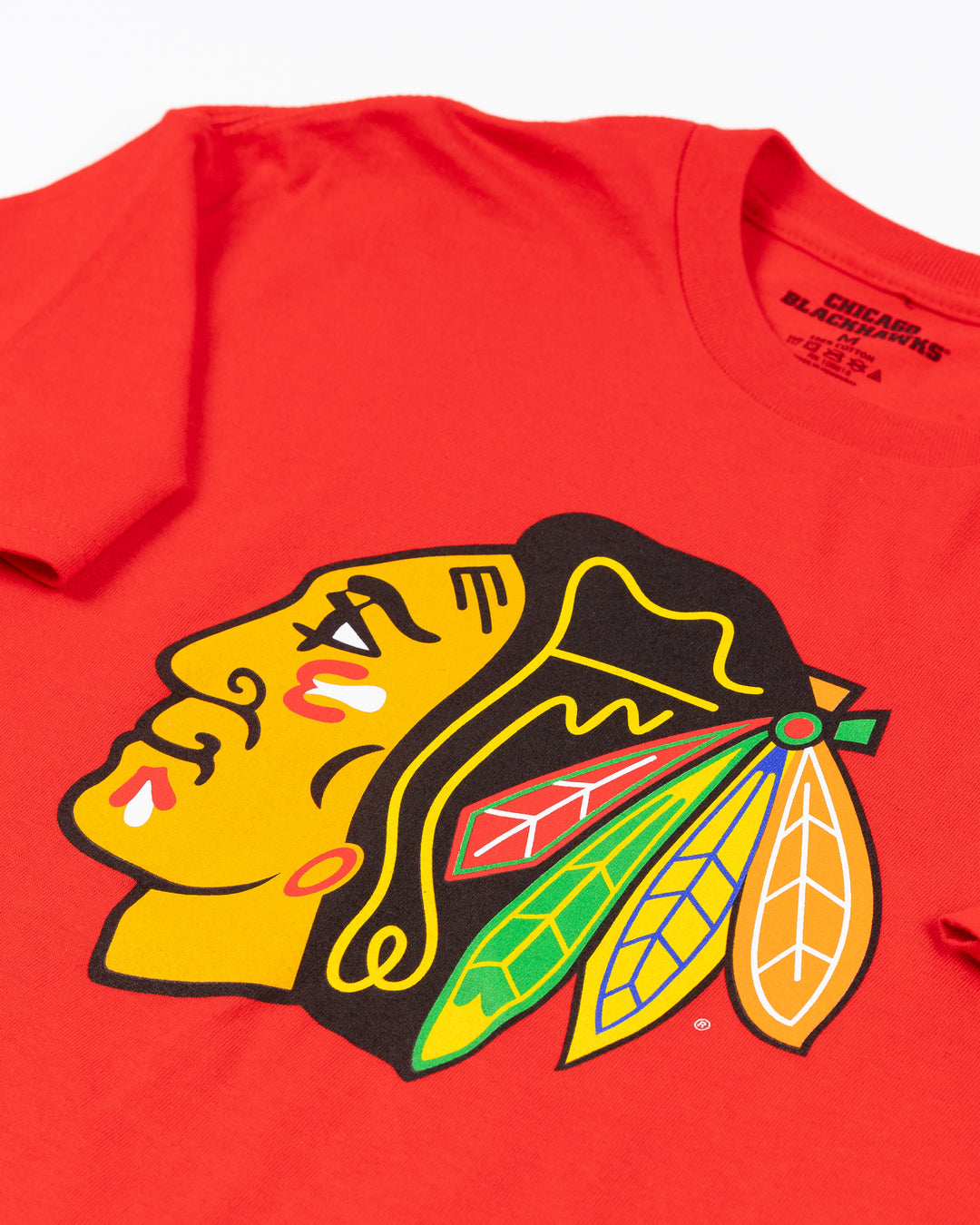 red short sleeve tee with Chicago Blackhawks primary logo printed on front and secondary logo on left shoulder - front detail lay flat