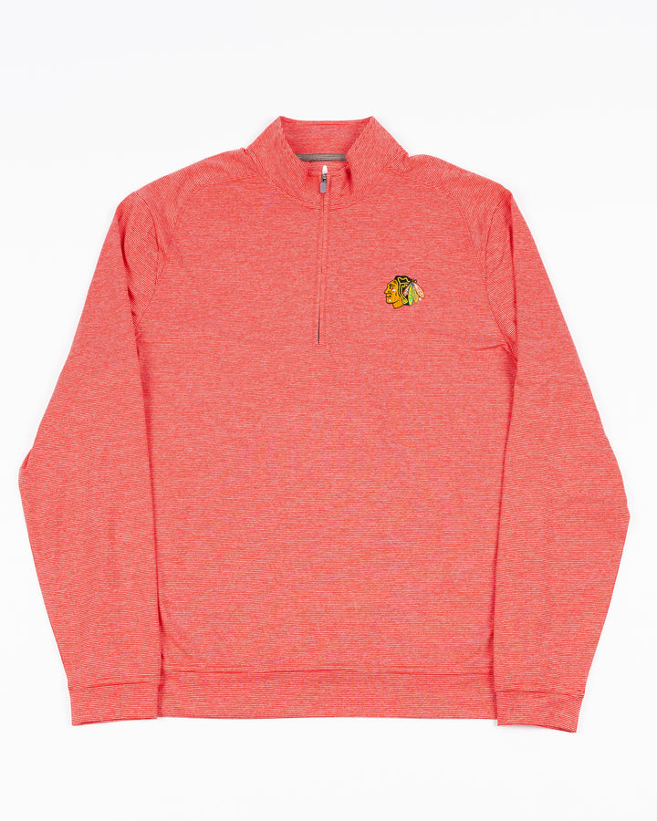 red johnnie-o quarter zip with embroidered Chicago Blackhawks primary logo on left chest - front lay flat