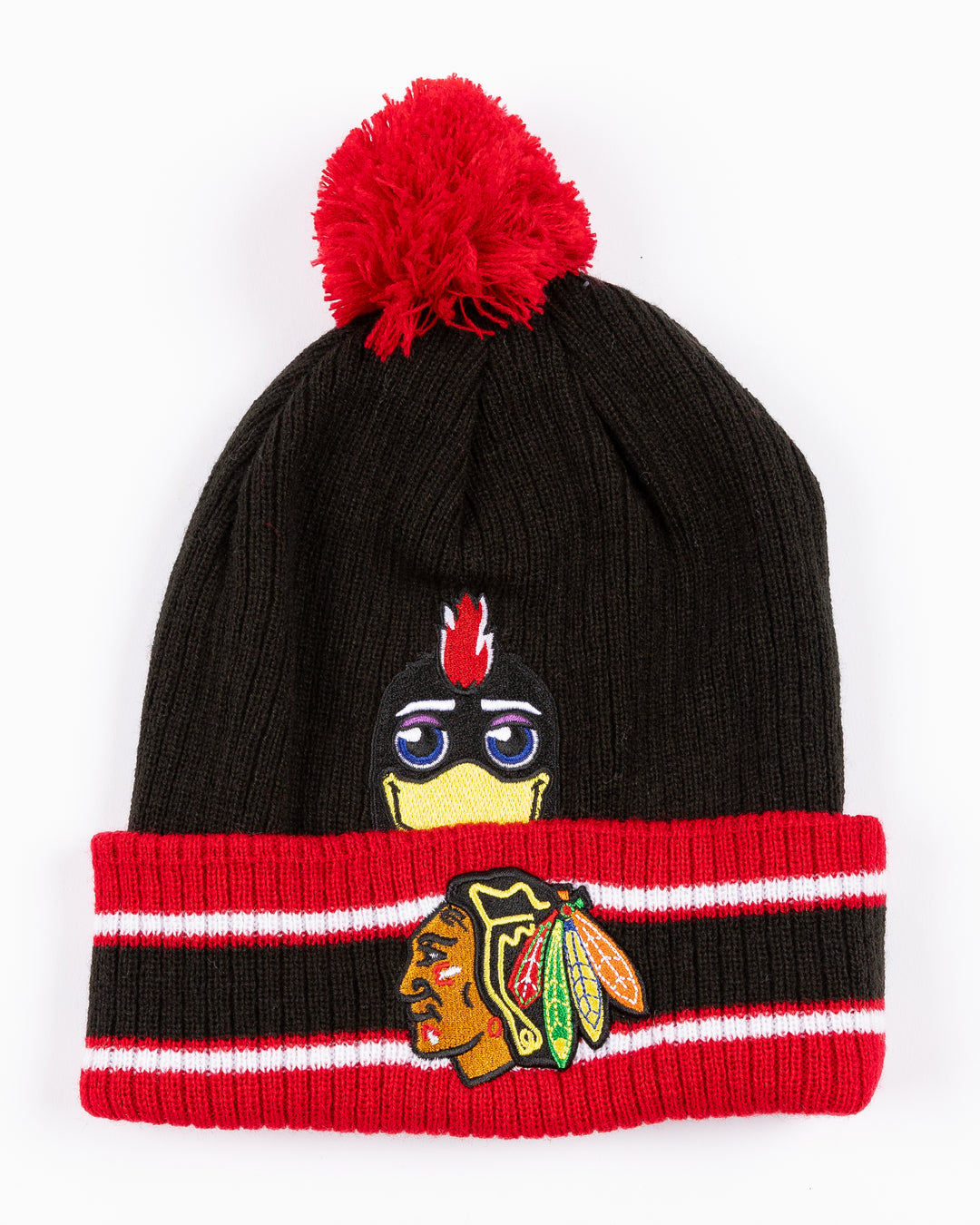 black and red infant knit beanie with red pom with Chicago Blackhawks mascot Tommy Hawk on front and primary logo on cuff - front lay flat