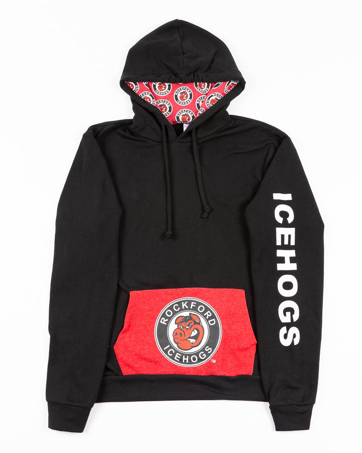 black Rockford IceHogs hoodie with primary logo on red kangaroo pouch and IceHogs wordmark on left sleeve and all over primary logo print on inside of hood - front lay flat