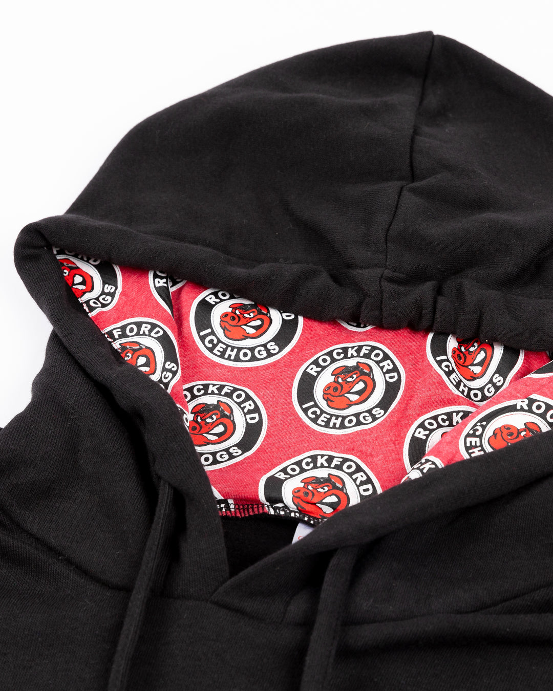 black Rockford IceHogs hoodie with primary logo on red kangaroo pouch and IceHogs wordmark on left sleeve and all over primary logo print on inside of hood - hoodie detail lay flat