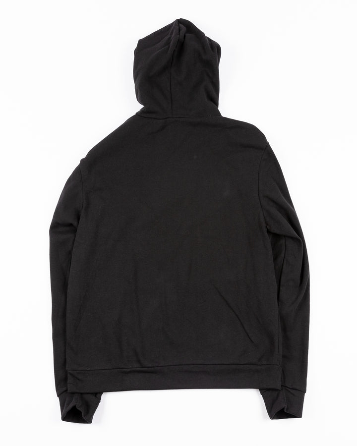 black Rockford IceHogs hoodie with primary logo on red kangaroo pouch and IceHogs wordmark on left sleeve and all over primary logo print on inside of hood - back lay flat