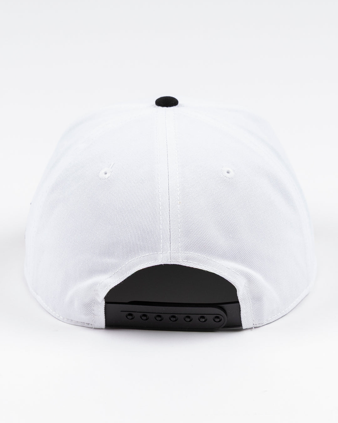 American Needle white rope snapback hat with Chicago Blackhawks wordmark on the front and primary logo on left side - back lay flat