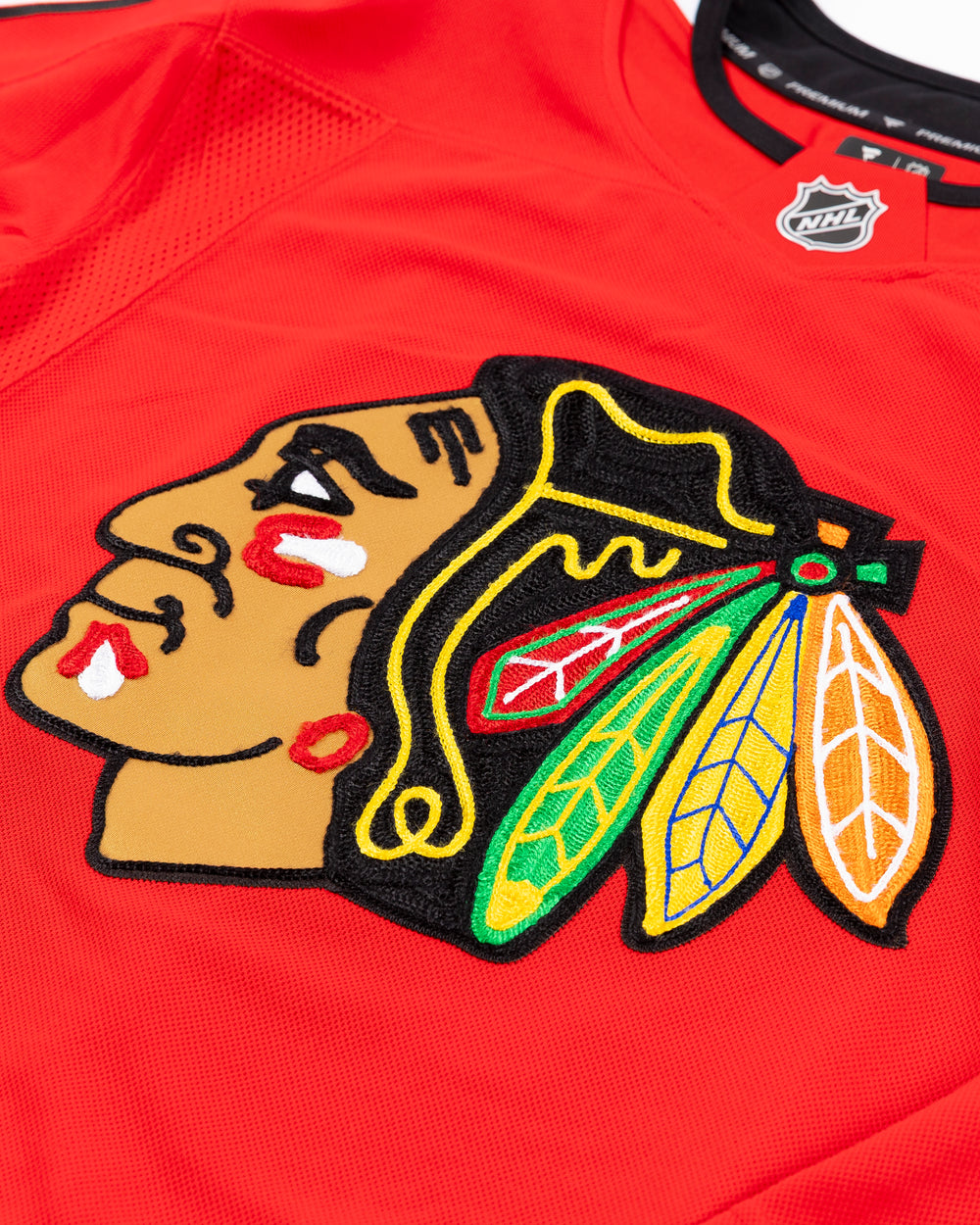 premium Fanatcs home Chicago Blackhawks jersey with Frank Nazar name and number - front detail lay flat