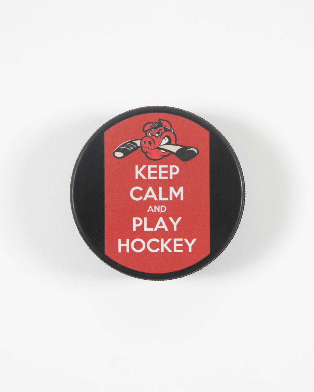 black and red Keep Calm and Play Hockey Rockford IceHogs hockey puck - front lay flat