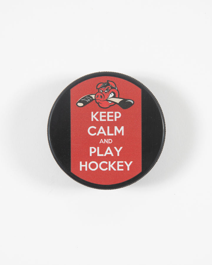 black and red Keep Calm and Play Hockey Rockford IceHogs hockey puck - front lay flat