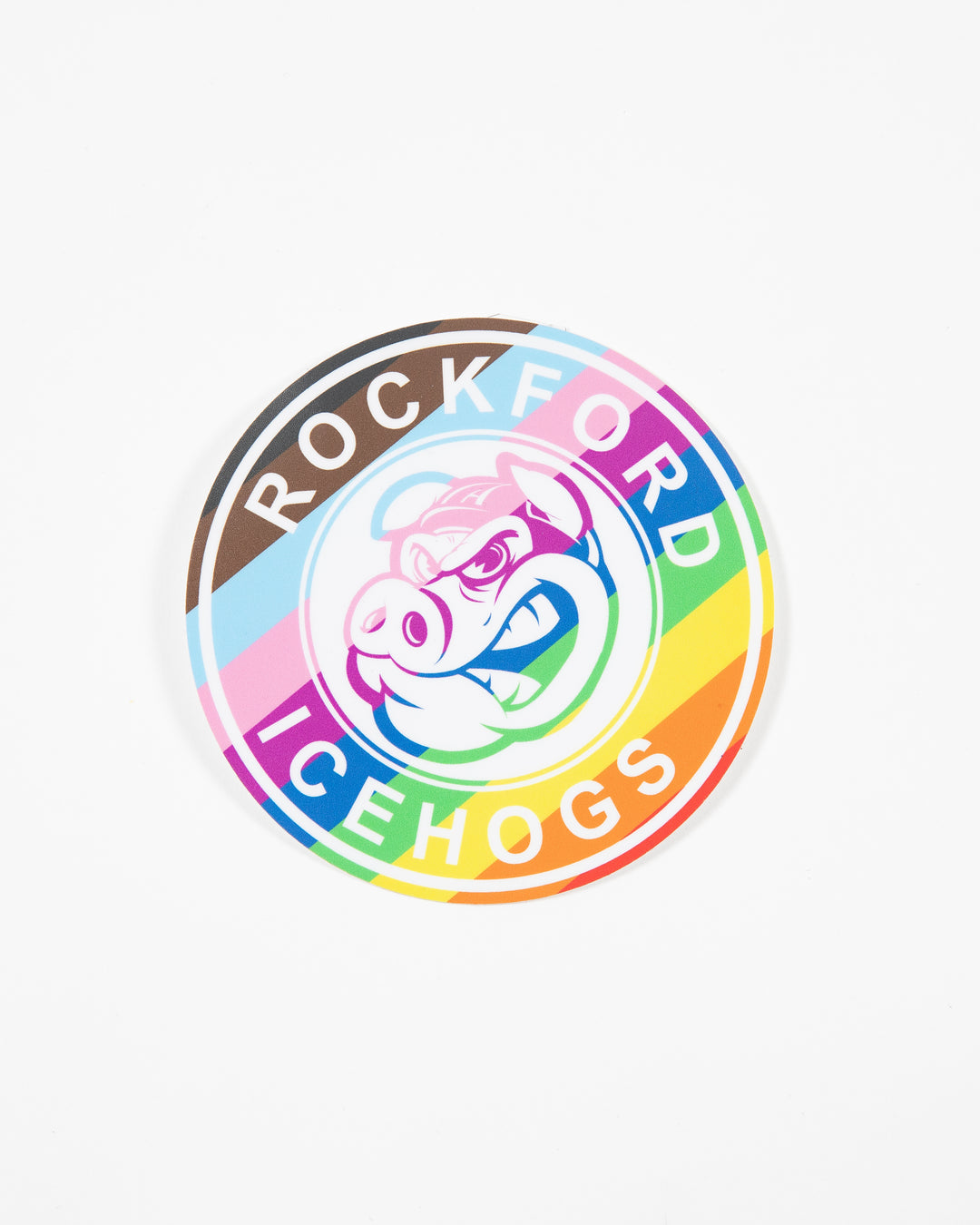 Rockford IceHogs decal with Hammy logo in Pride colorway - front lay flat