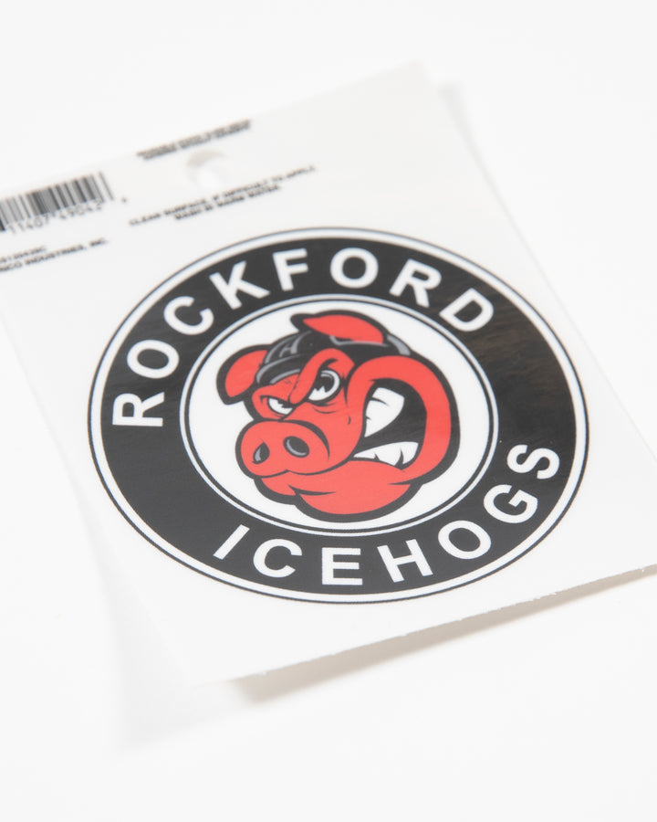 Black Rockford IceHogs decal with Hammy and classic logo - angled lay flat