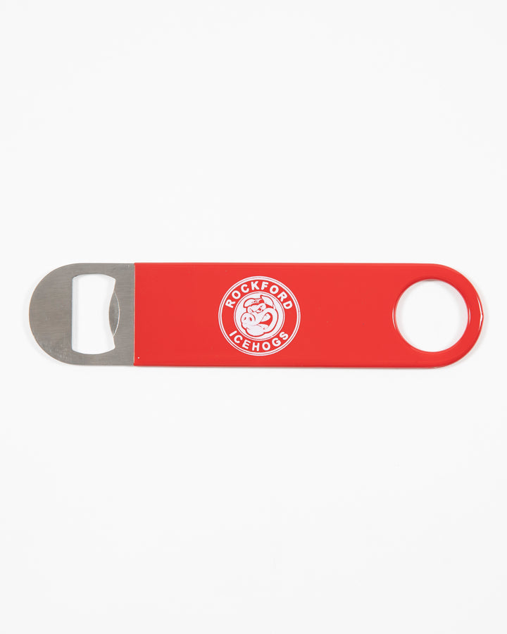 Red Rockford IceHogs metal bottle opener with logo on front - lay flat