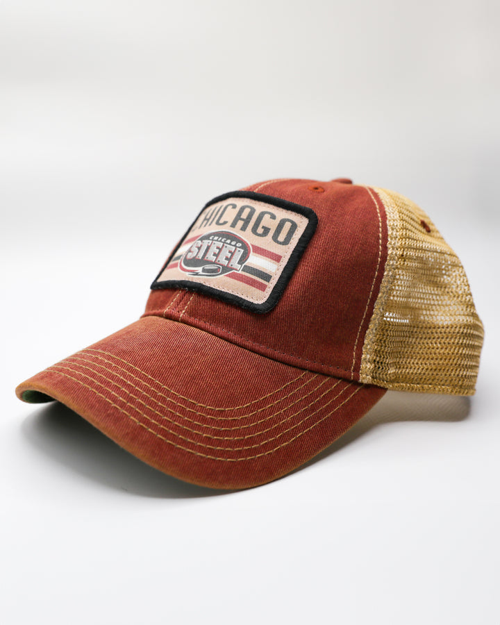 rust and tan adjustable trucker cap with Chicago Steel patch on front - left angle lay flat