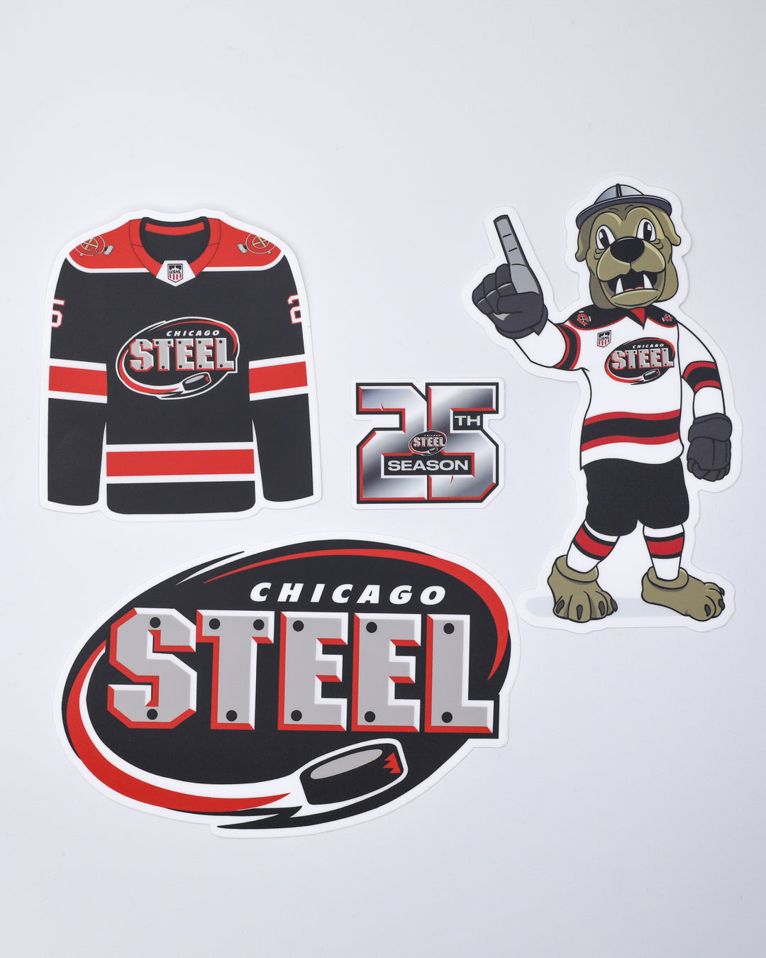 sticker pack of Chicago Steel jersey, 25th season graphic, classic logo and mascot - front lay flat