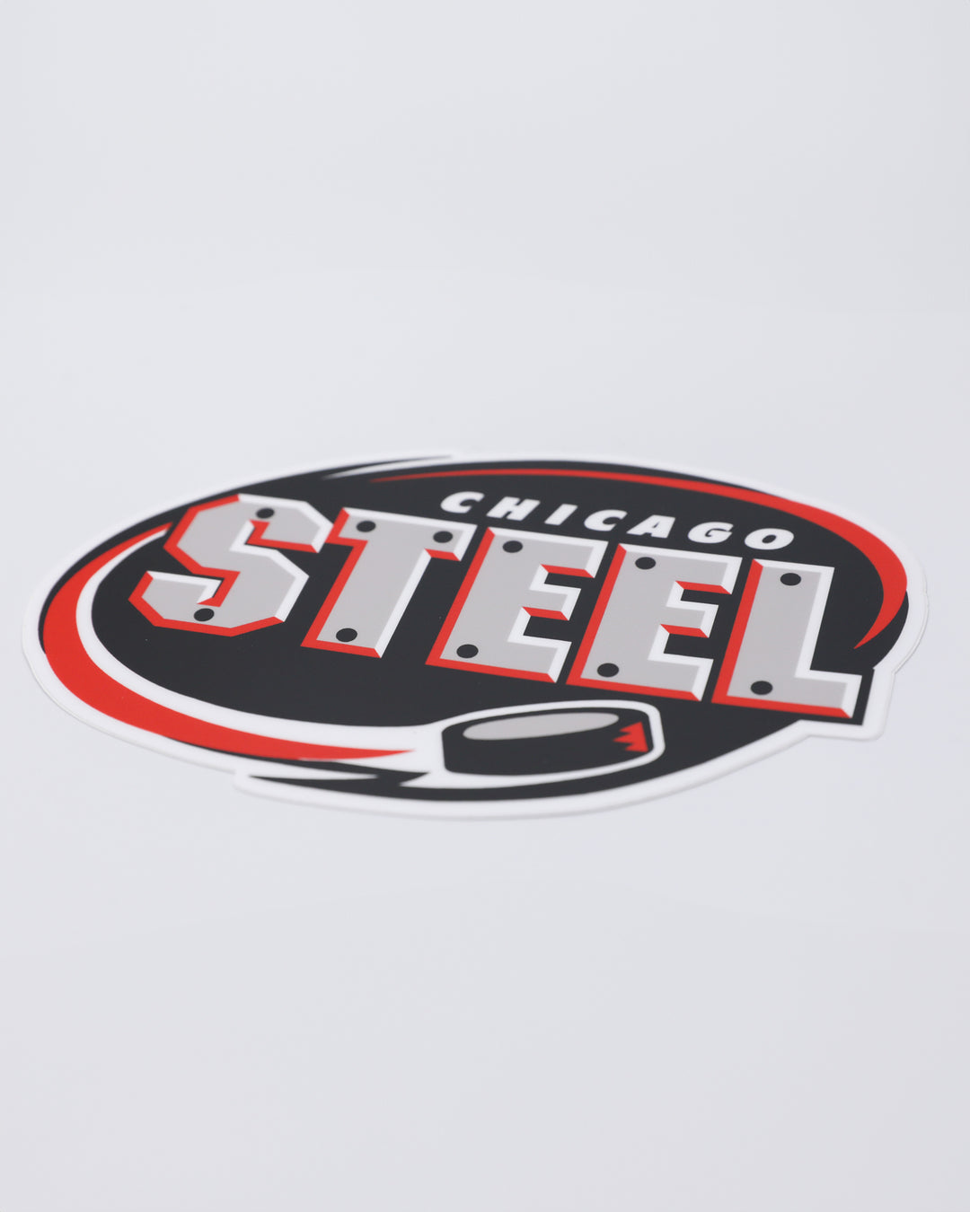 sticker pack of Chicago Steel jersey, 25th season graphic, classic logo and mascot - front angled lay flat of classic logo