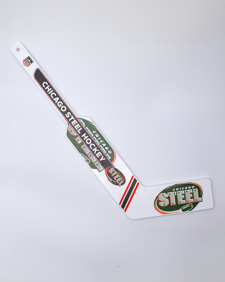 mini goalie stick with Chicago Steel logos and branding - front lay flat