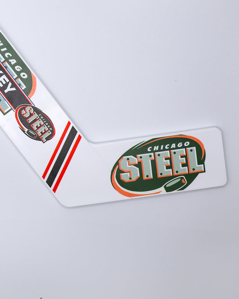 mini goalie stick with Chicago Steel logos and branding - front detail lay flat