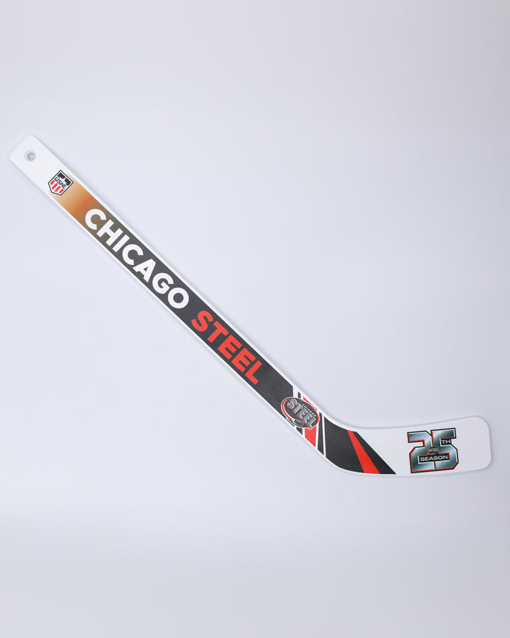 mini hockey stick with Chicago Steel branding and 25th season graphics - front lay flat