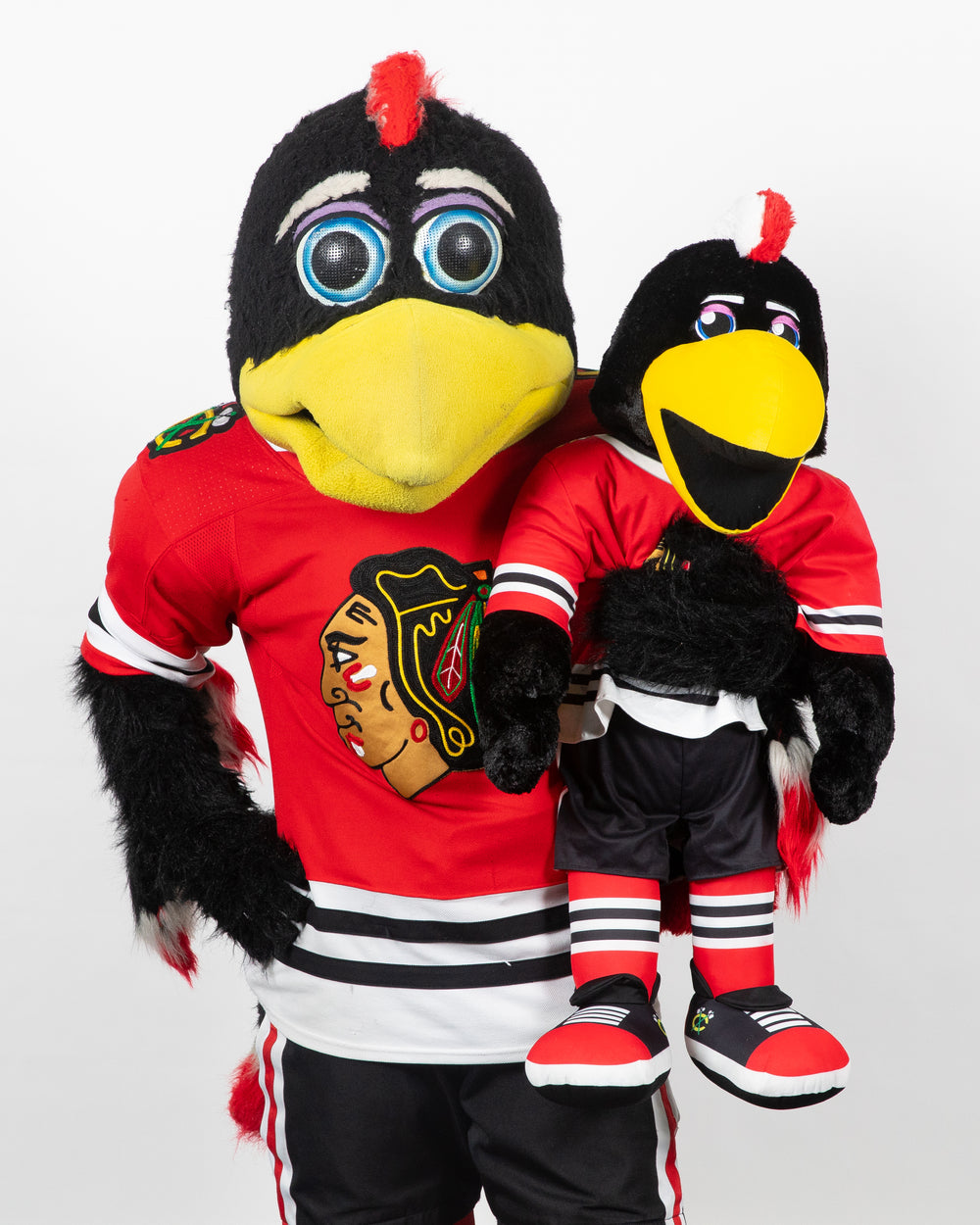 Chicago Blackhawks mascot Tommy Hawk holding 35 inch Tommy Hawk plush