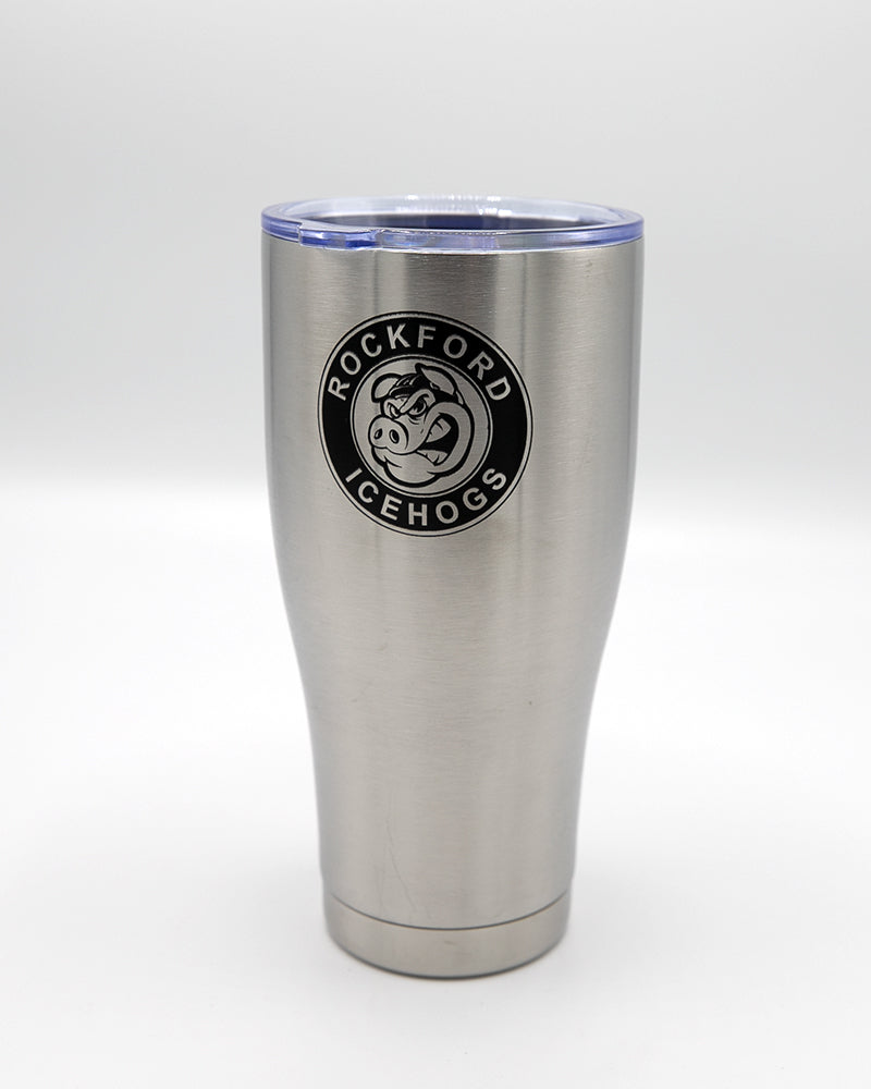 silver Rockford IceHogs tumbler with logo - front lay flat