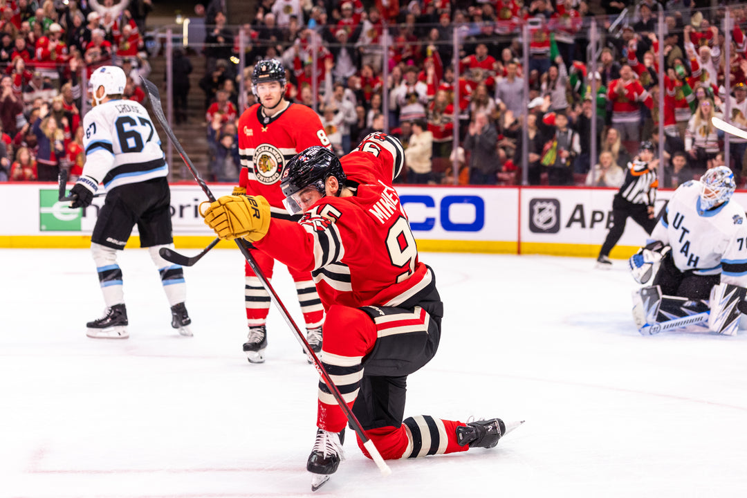 Chicago Blackhawks player Ilya Mikheyev celebrating goal scored against Utah Hockey Club 