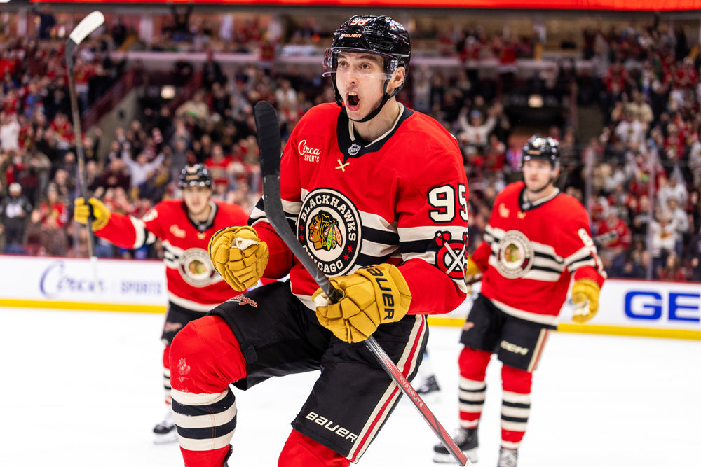 Chicago Blackhawks player Ilya Mikheyev celebrating goal against Utah 