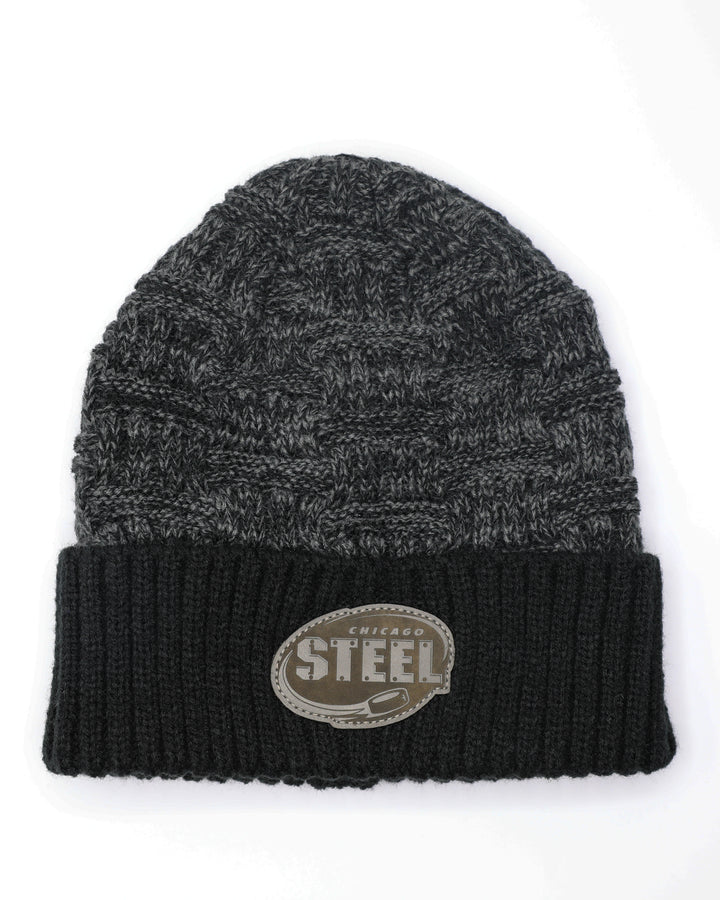 two-tone dark grey and black knit beanie with embroidered Chicago Steel logo on front cuff - front lay flat