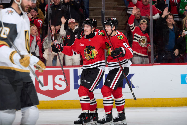 Chicago Blackhawks players Tyler Bertuzzi and Ryan Donato celebrating Bertuzzi score against the Vegas Golden Knights on January 18, 2025