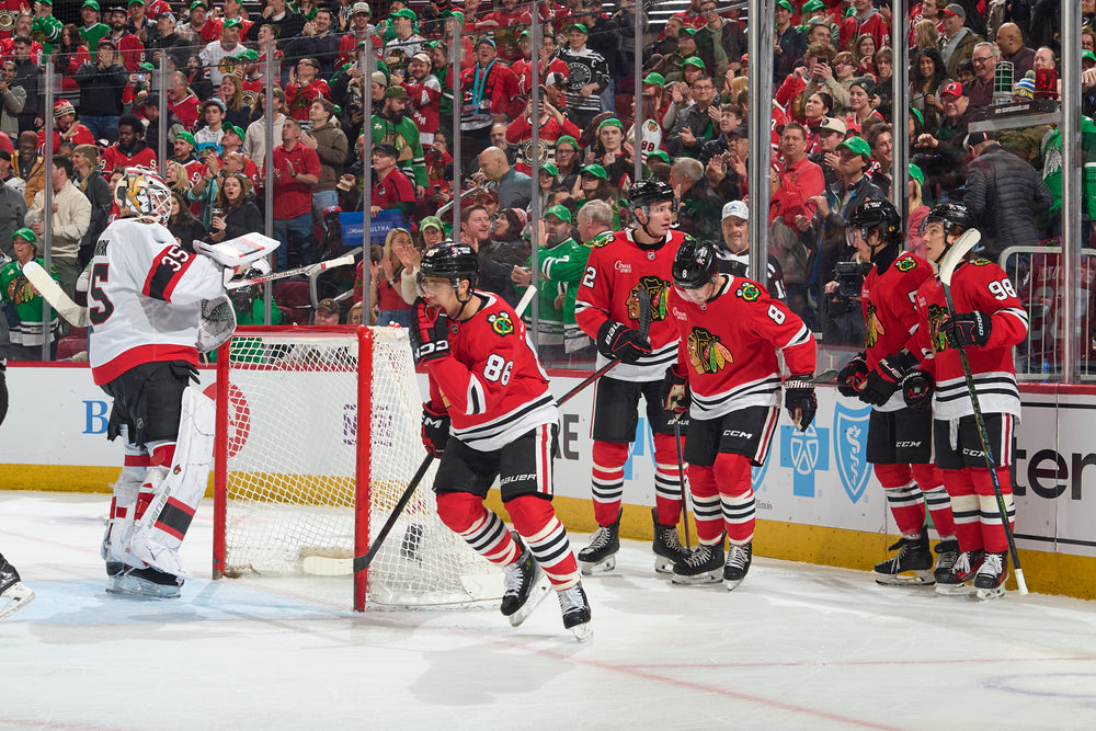 Chicago Blackhawks players Teravainen, Vlasic, Donato, Bertuzzi and Bedard celebrating Teravainen goal against Ottawa