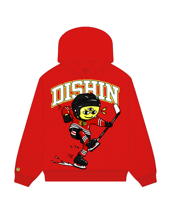 red DISHIN x Chicago Blackhawks hoodie - front lay flat