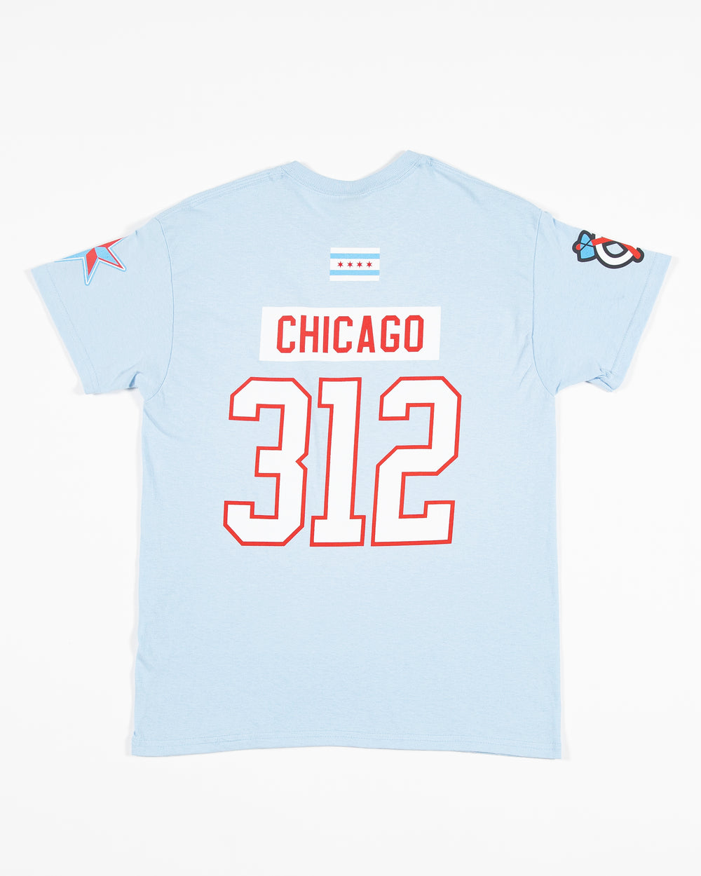 light blue Chicago Blackhawks tee with Chicago 312 in jersey format and Chicago flag on top, tonal secondary logo on right shoulder and star graphic on left shoulder - back lay flat