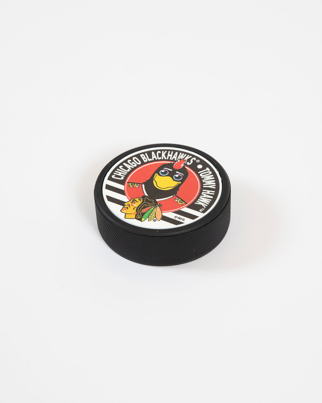 Mustang Chicago Blackhawks Tommy Hawk black puck with primary logo - lay flat