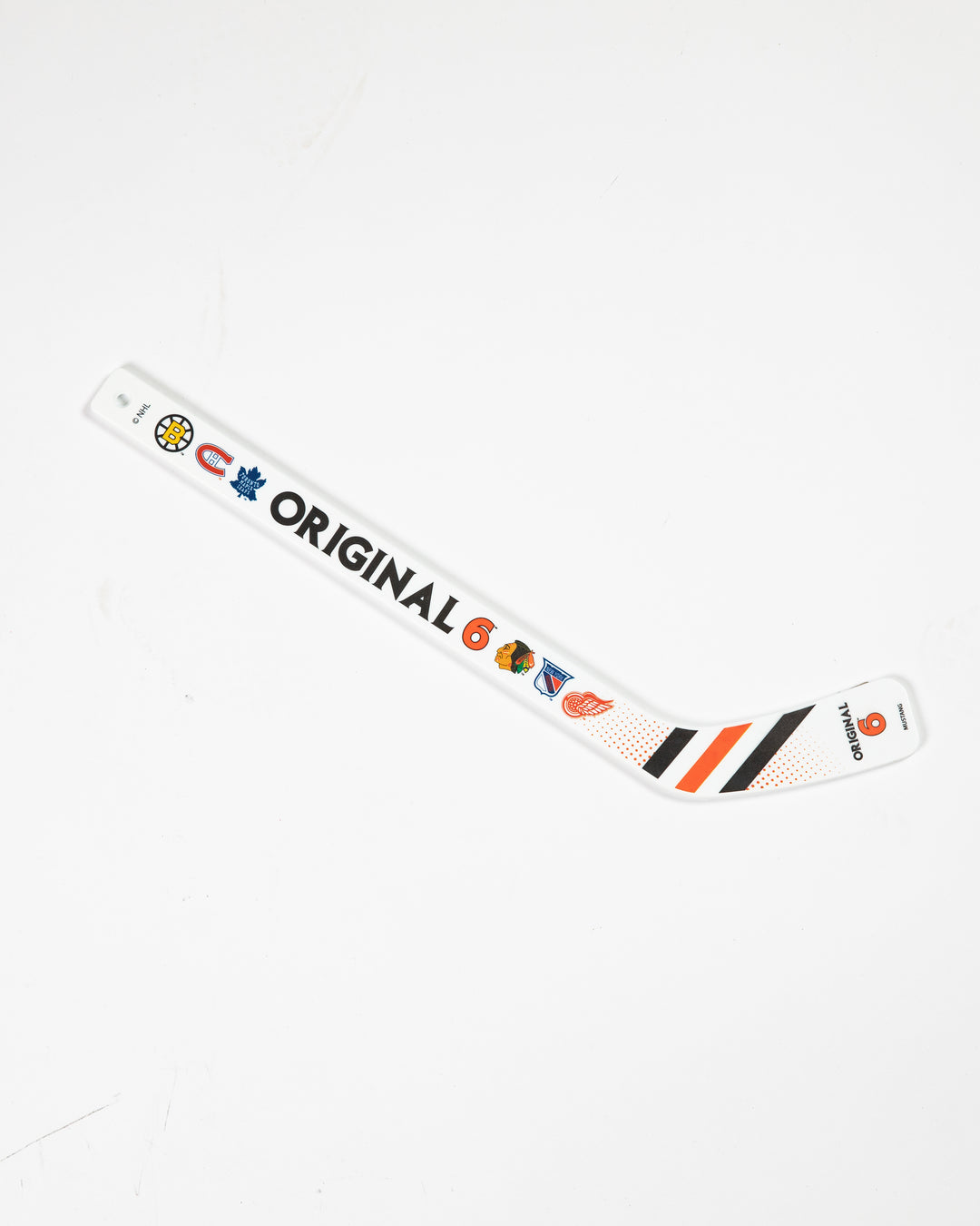 Mustang mini hockey stick with original six graphic and all team logos - lay flat