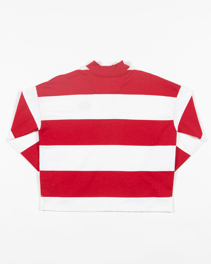 red and white striped Antigua rugby long sleeve shirt with embroidered Chicago Blackhawks primary logo on left chest - back lay flat