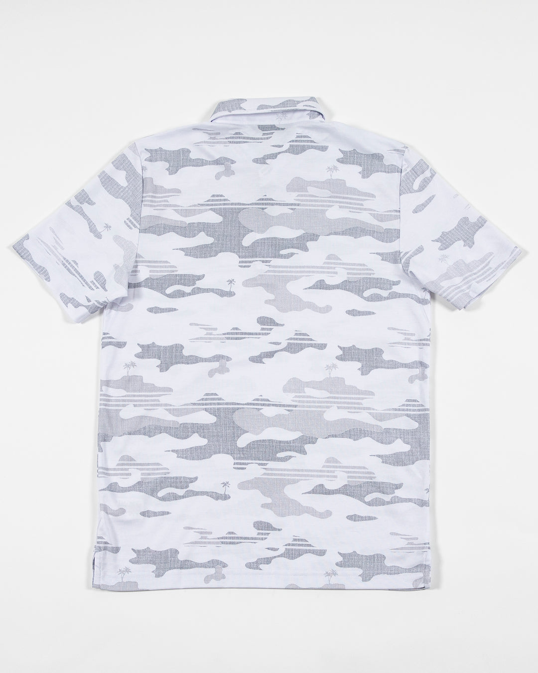white camo TravisMathew polo with Chicago Blackhawks primary logo embroidered on left chest - back lay flat